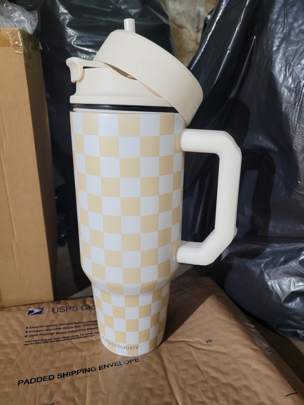 Beige Checkered Travel Tumbler with Handle